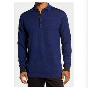 ROBERT GRAHAM ESTE LONG SLEEVE BLUE MERINO WOOL POLO SWEATER Size 2XL